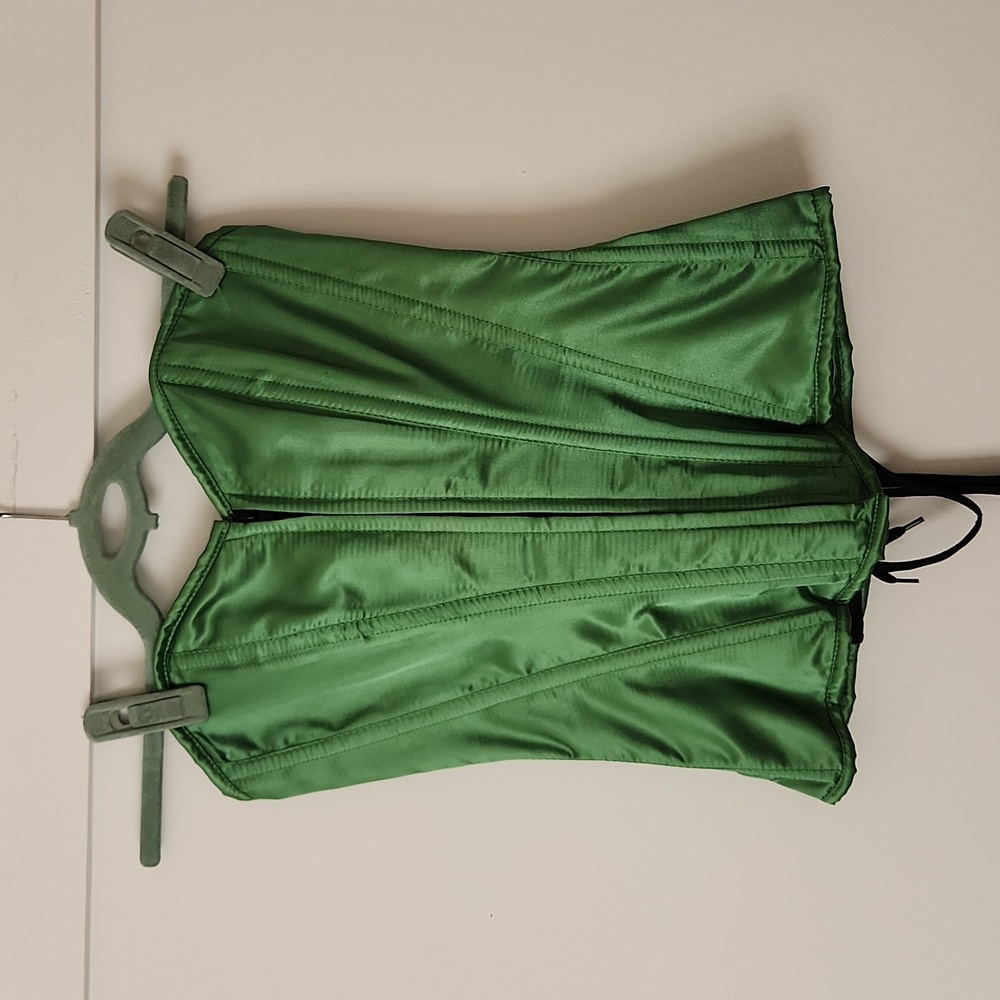 Green Satin Boned Lace-Up Corset S